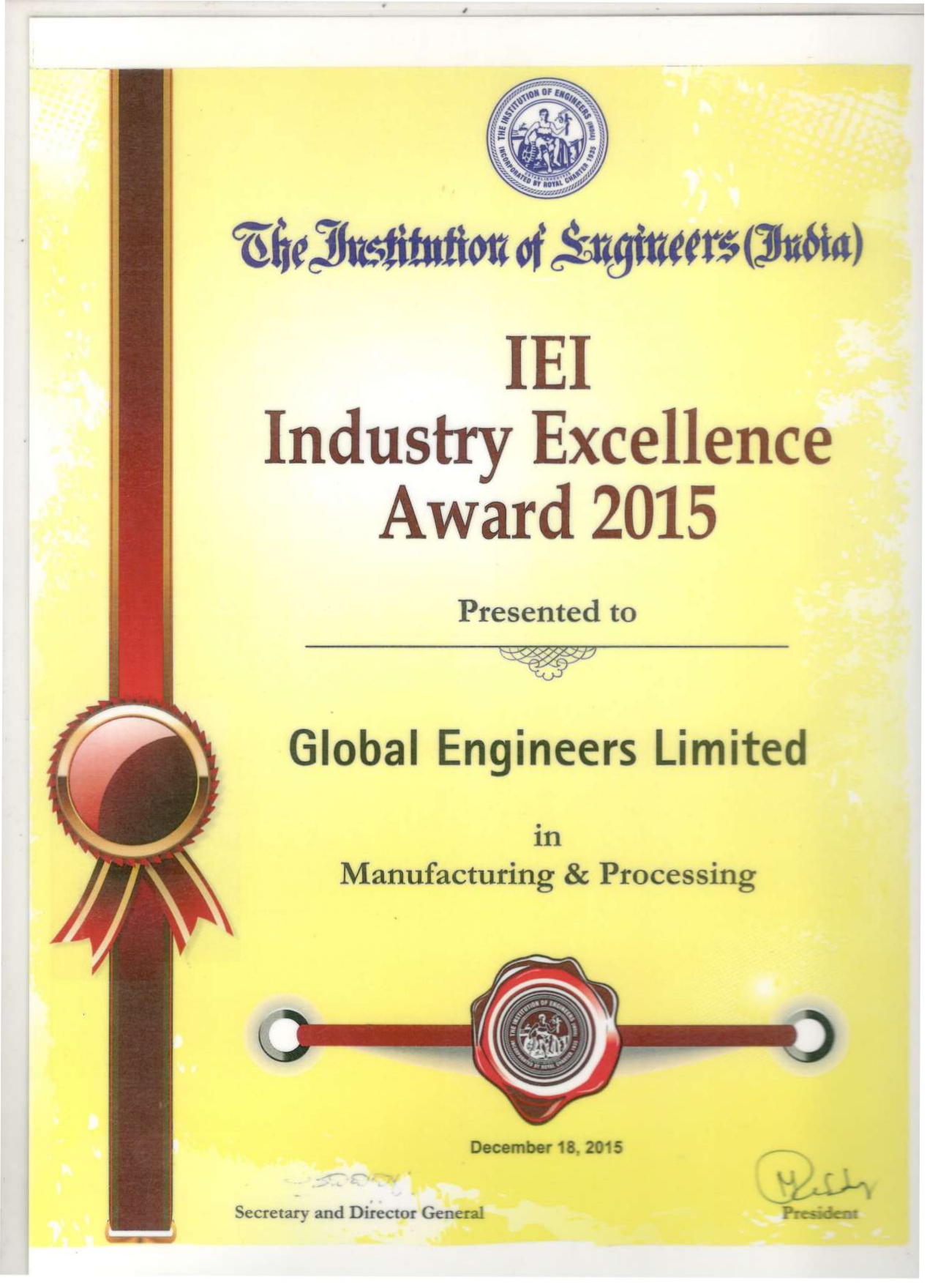 IEI Industry Excellence Award 2015